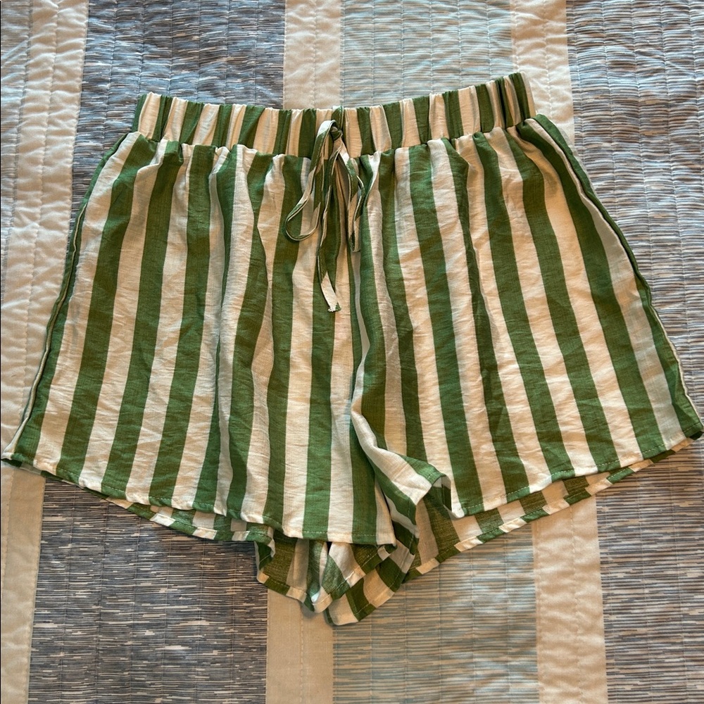 Green and White Striped Women Shorts